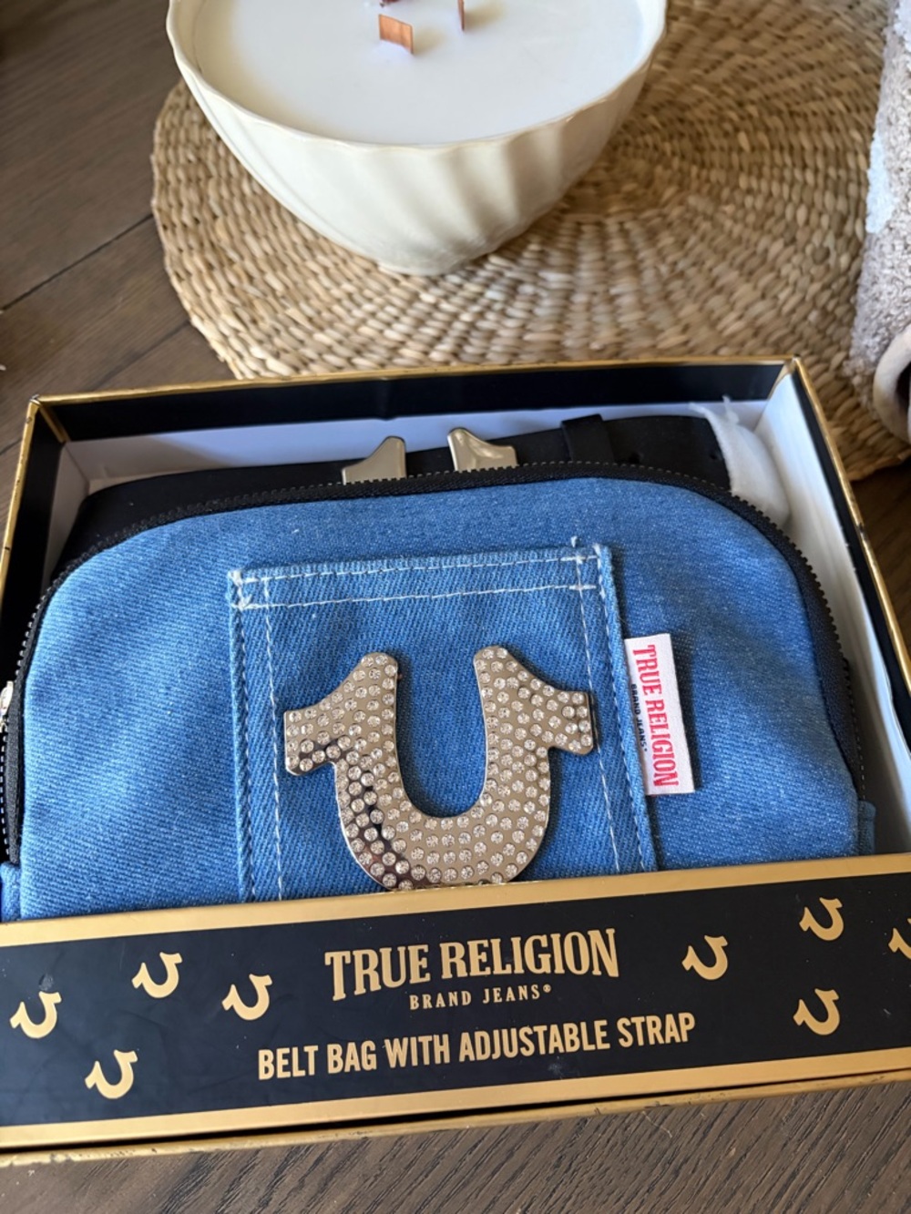 True Religion Light Blue Denim Belt Bag with Rhinestone Horseshoe